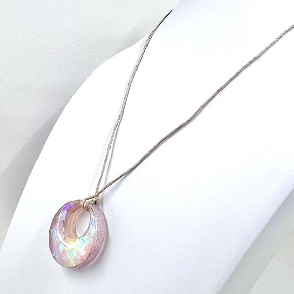 New / Hand Crafted - Pink & Cream Iridescent Round Pendant 16” Cord Necklace - Picture 3 of 7